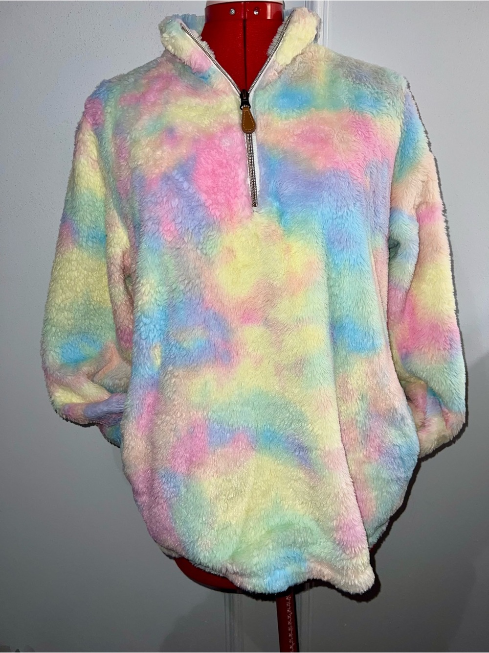Pink Lily Pastel Tie-Dye soft fuzzy Quarter-Zip Pullover Small Cozy Cotton Candy